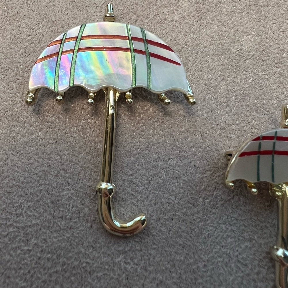 Gold Tone Mother-of-Pearl Umbrella Pin Brooch Set with Red & Green Stripes - Picture 5 of 5